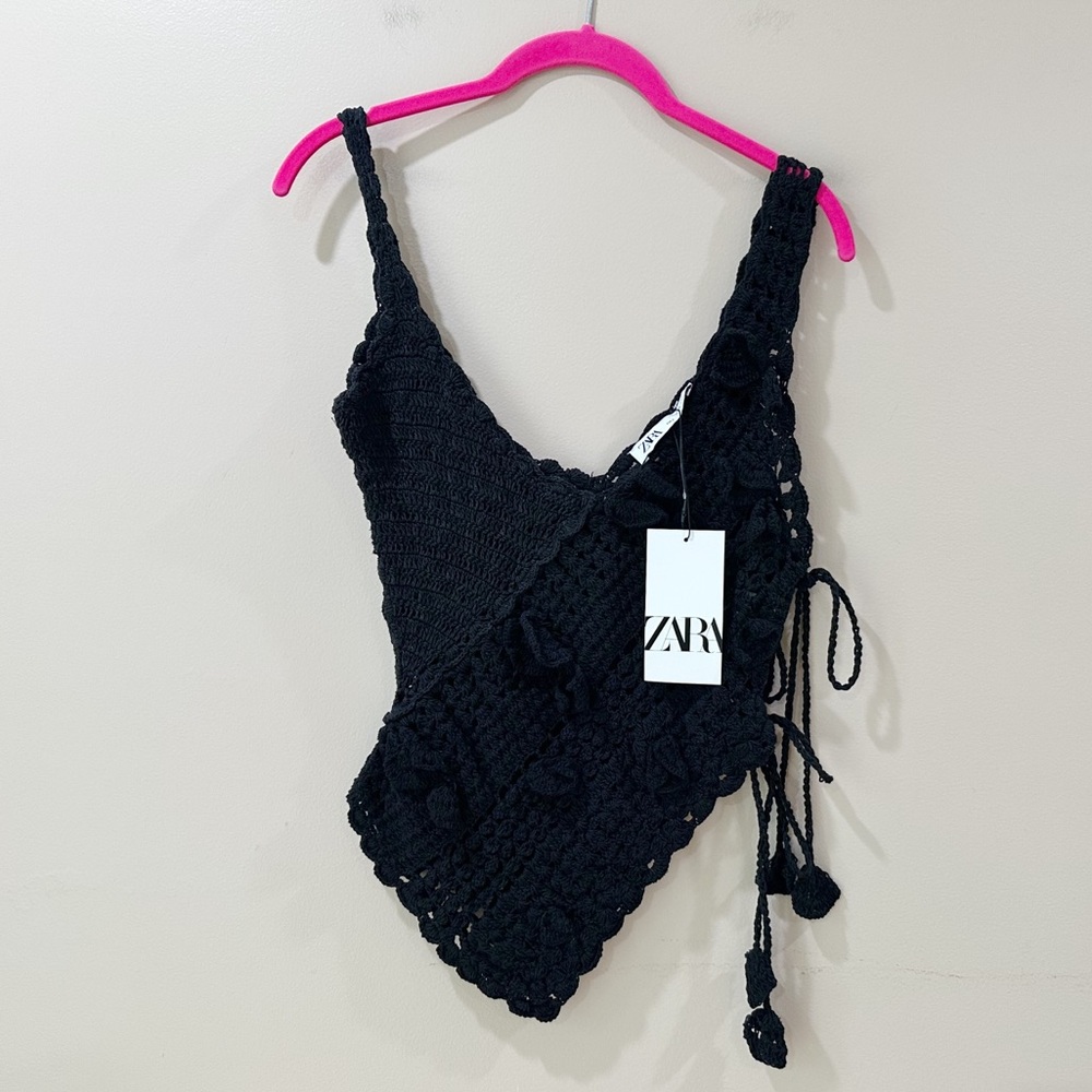 Zara Black Crochet Top Asymmetrical Scalloped Hem Side Tie Boho Festival Women S - Picture 2 of 8
